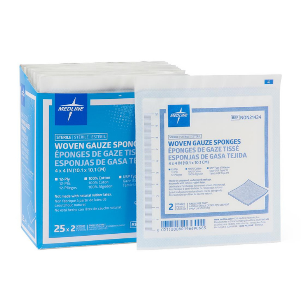 Medline Sterile 100 Cotton Woven Gauze Sponges 2x2 25Pack/Box